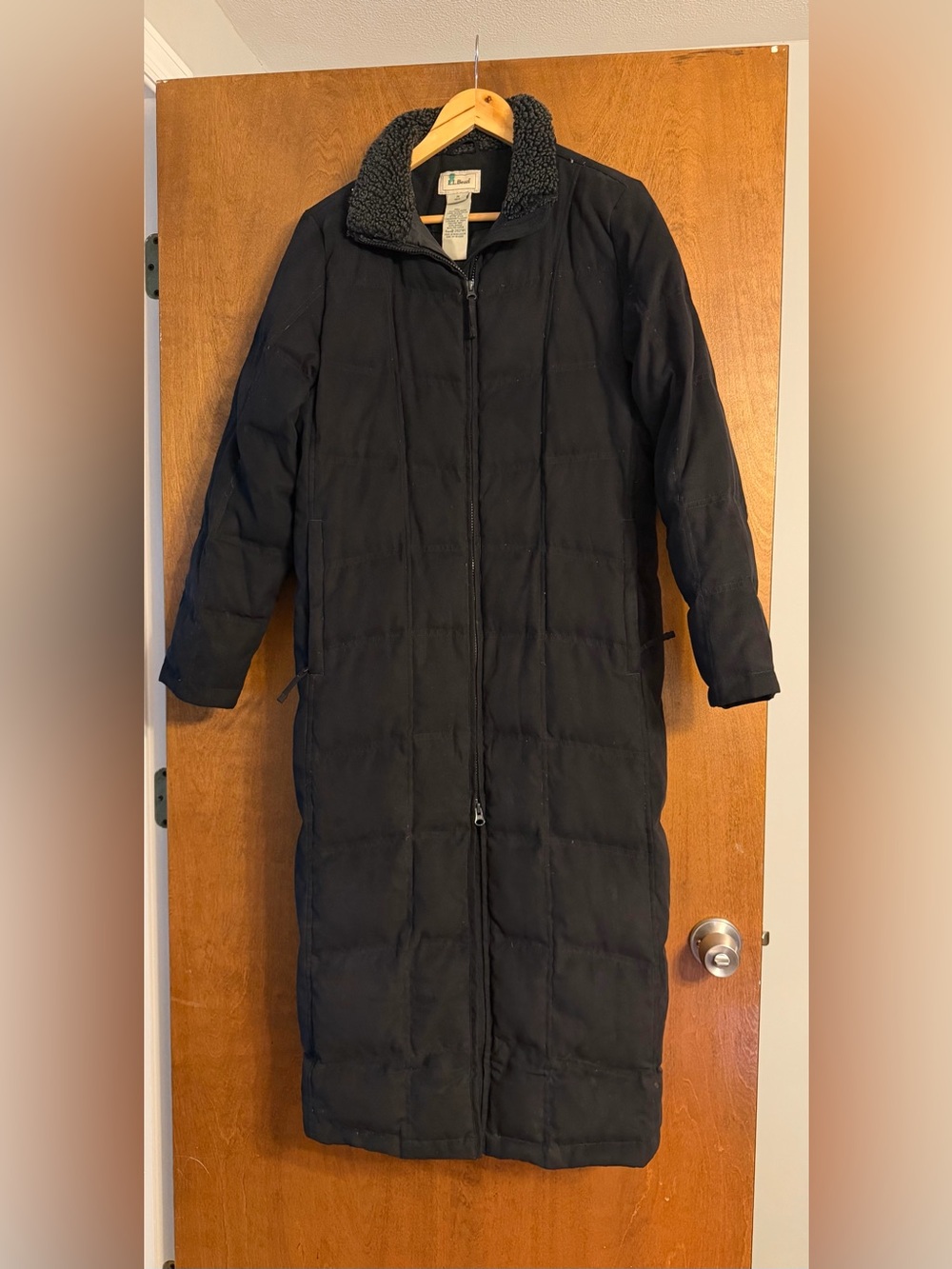 L.L. Bean Black Long Quilted Puffer with Sherpa Collar